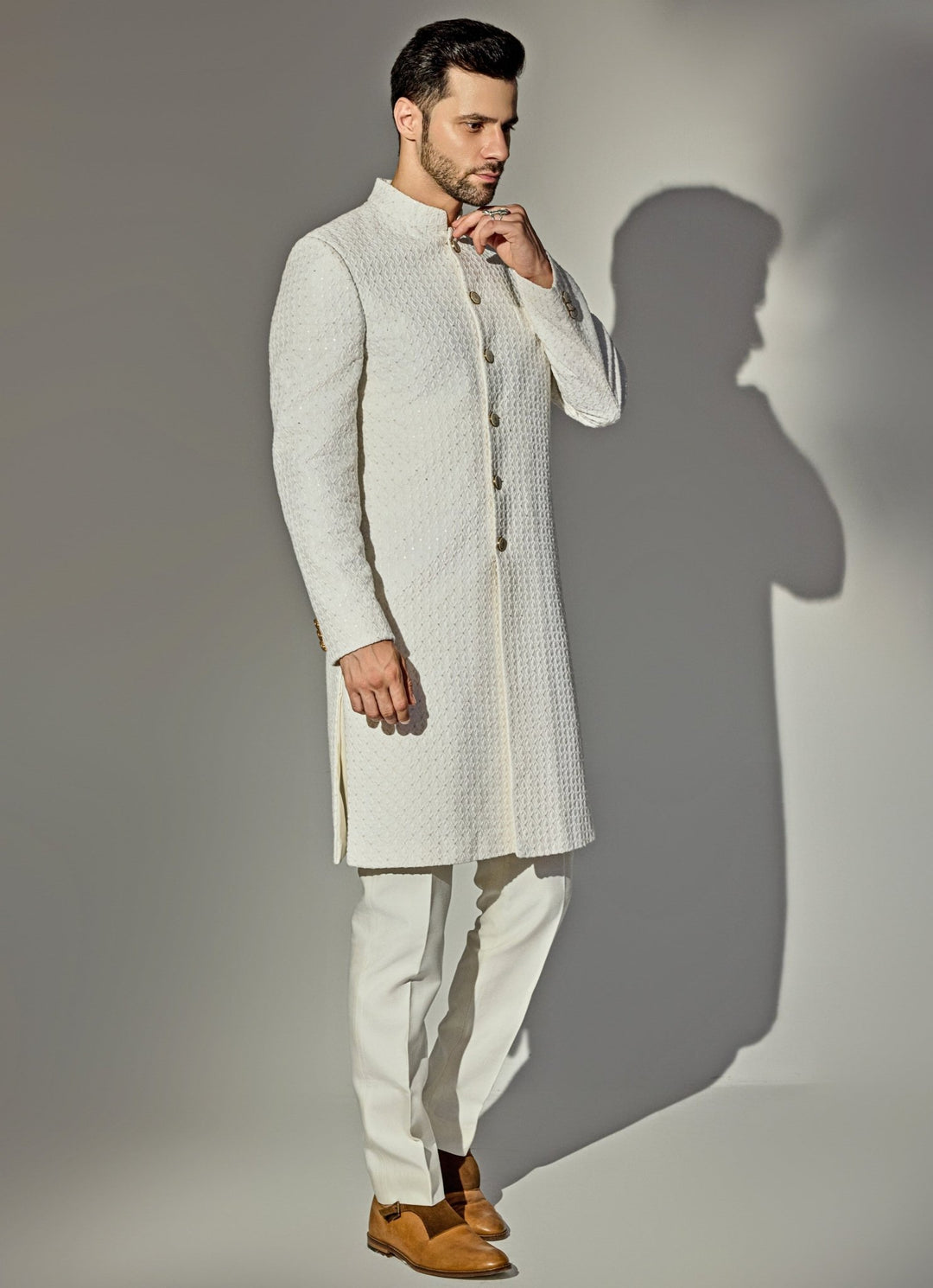 Off - White Sequin Achkan And Pant Set Chatenya Mittal - Fabilicious Fashion