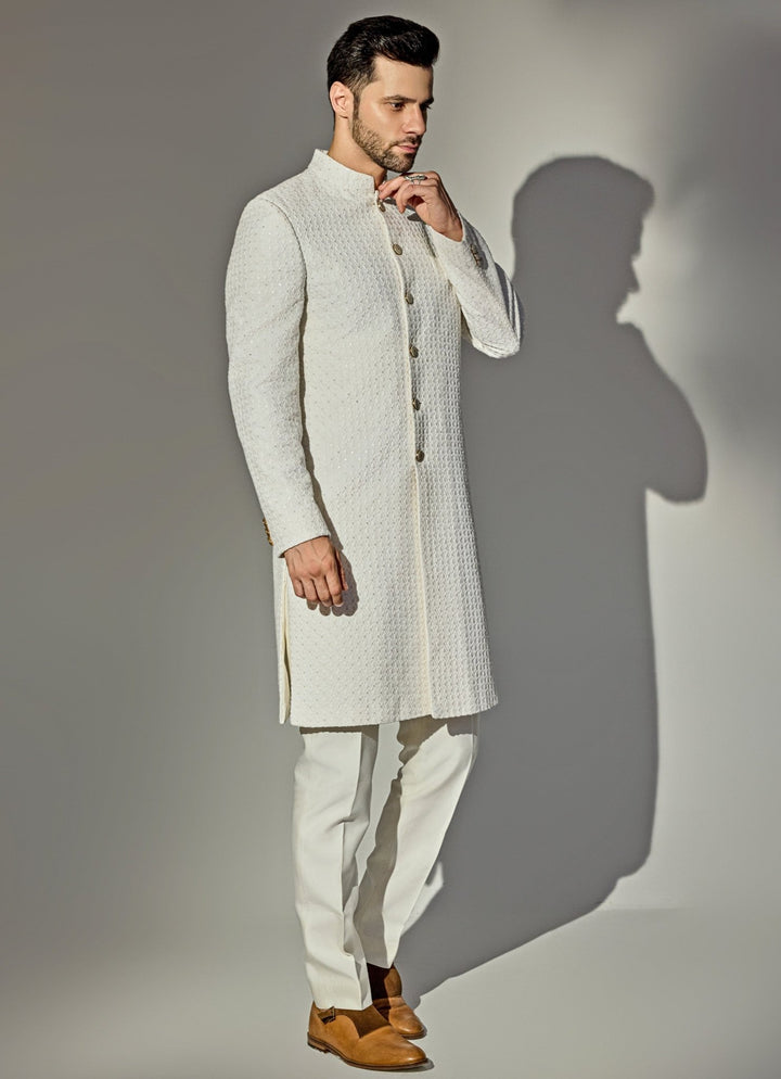 Off - White Sequin Achkan And Pant Set Chatenya Mittal - Fabilicious Fashion