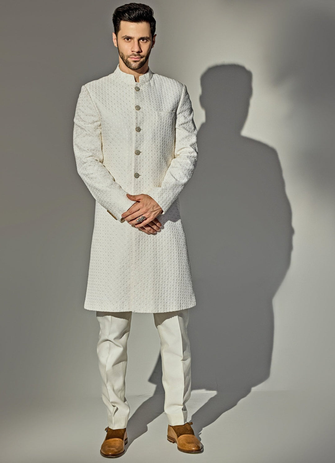 Off - White Sequin Achkan And Pant Set Chatenya Mittal - Fabilicious Fashion
