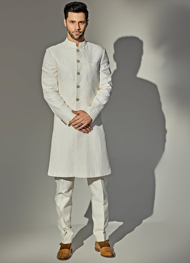 Off - White Sequin Achkan And Pant Set Chatenya Mittal - Fabilicious Fashion