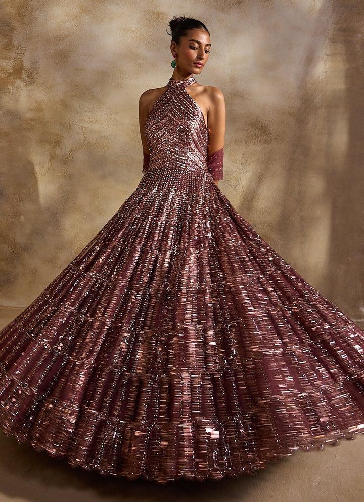 Old Rose Pink Tulle Halter Gown Nitika Gujral - Fabilicious Fashion