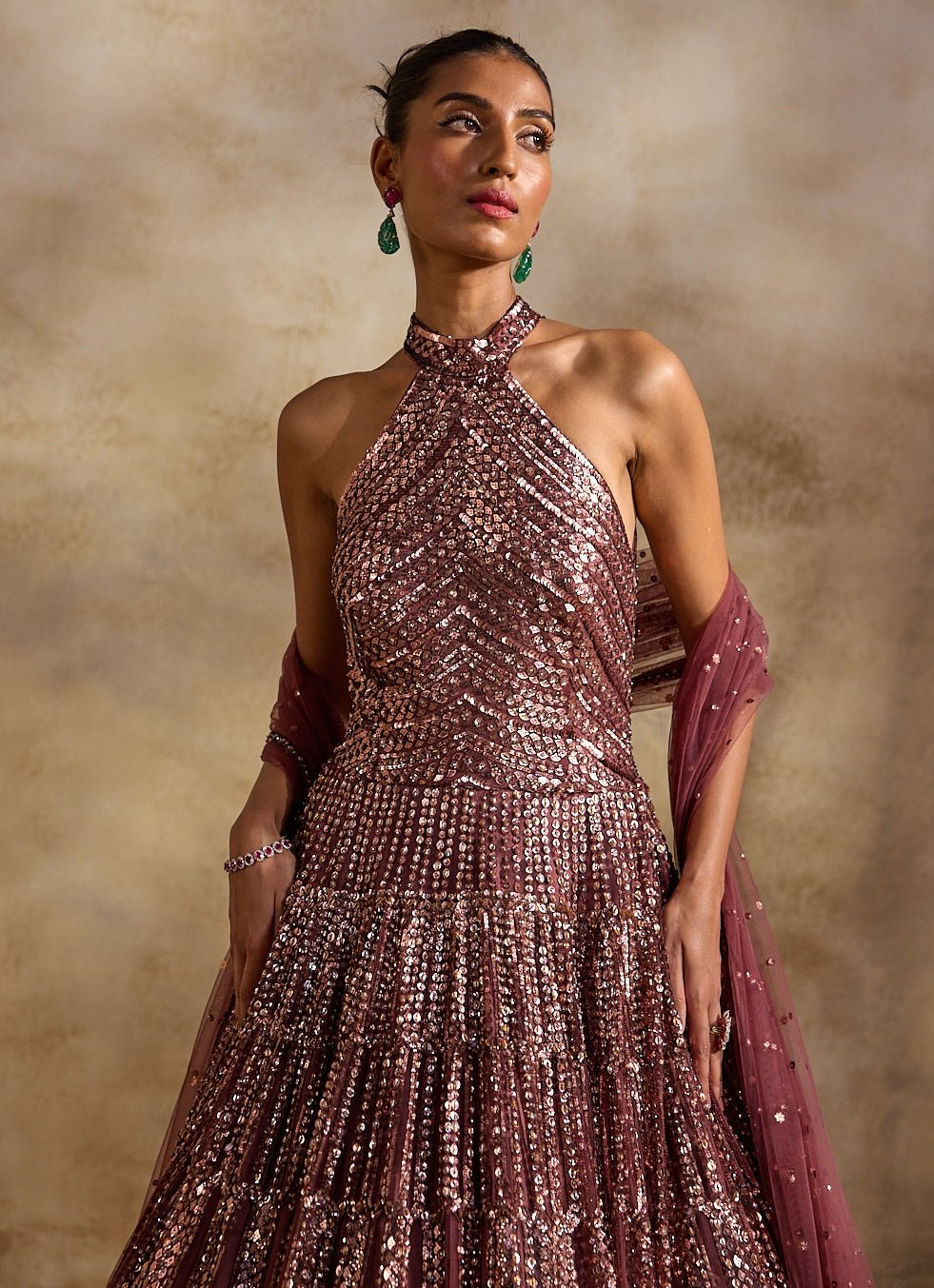 Old Rose Pink Tulle Halter Gown Nitika Gujral - Fabilicious Fashion