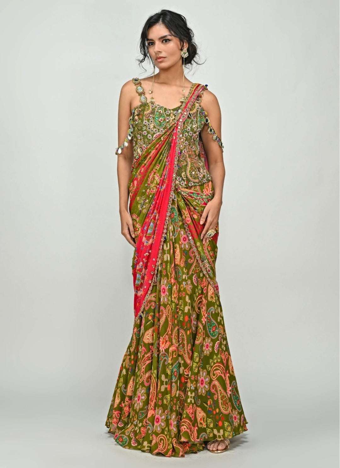 Olive And Pink Printed Chiffon Predraped Saree With Corset Juhi Bengani - Fabilicious Fashion