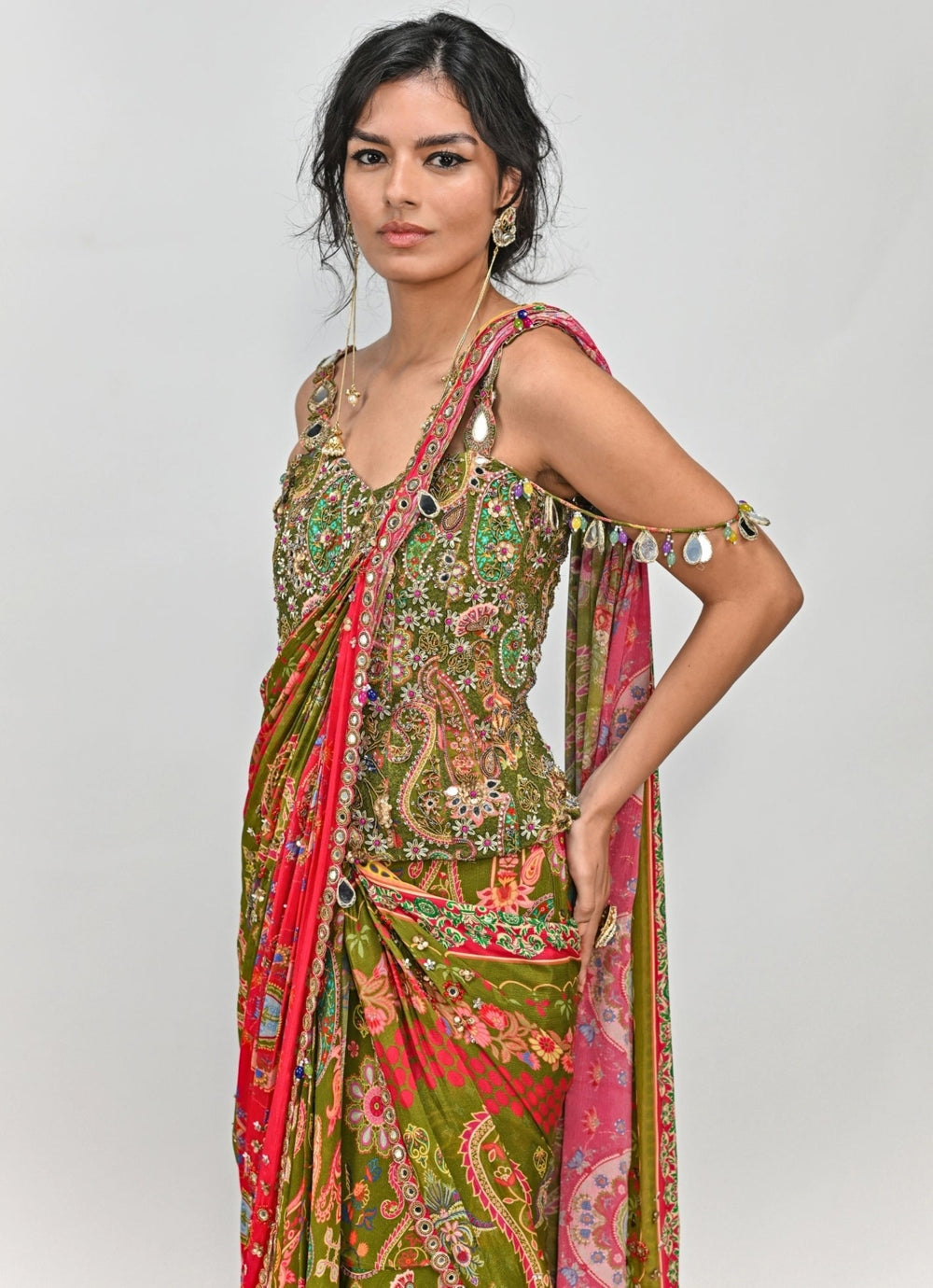 Olive And Pink Printed Chiffon Predraped Saree With Corset Juhi Bengani - Fabilicious Fashion