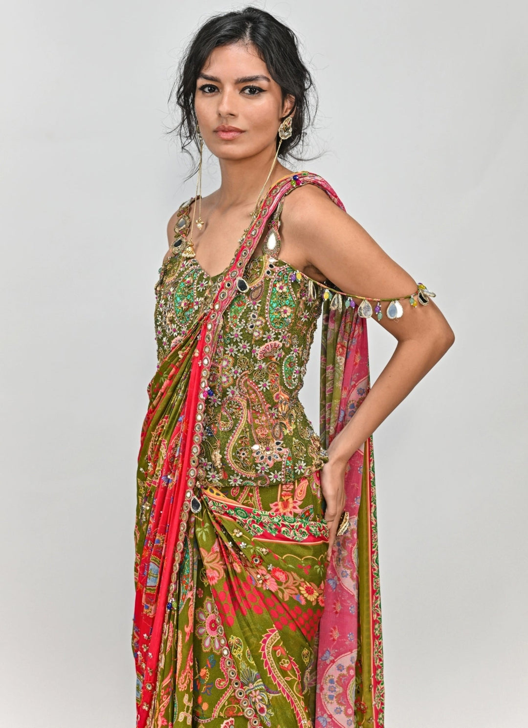 Olive And Pink Printed Chiffon Predraped Saree With Corset Juhi Bengani - Fabilicious Fashion