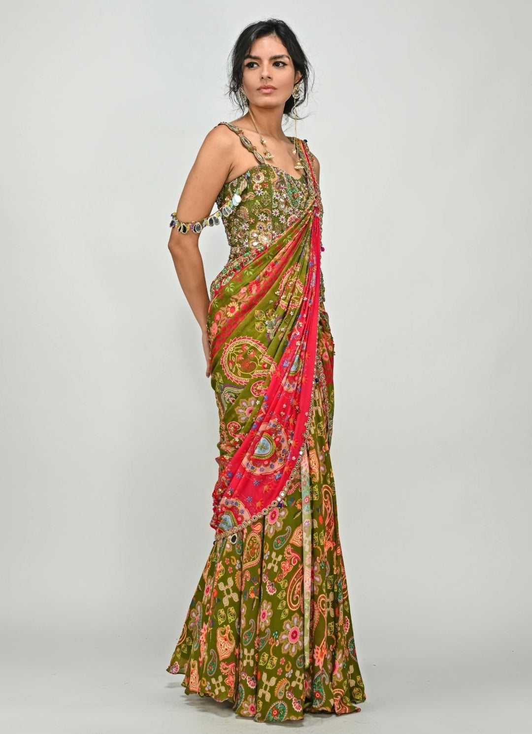 Olive And Pink Printed Chiffon Predraped Saree With Corset Juhi Bengani - Fabilicious Fashion