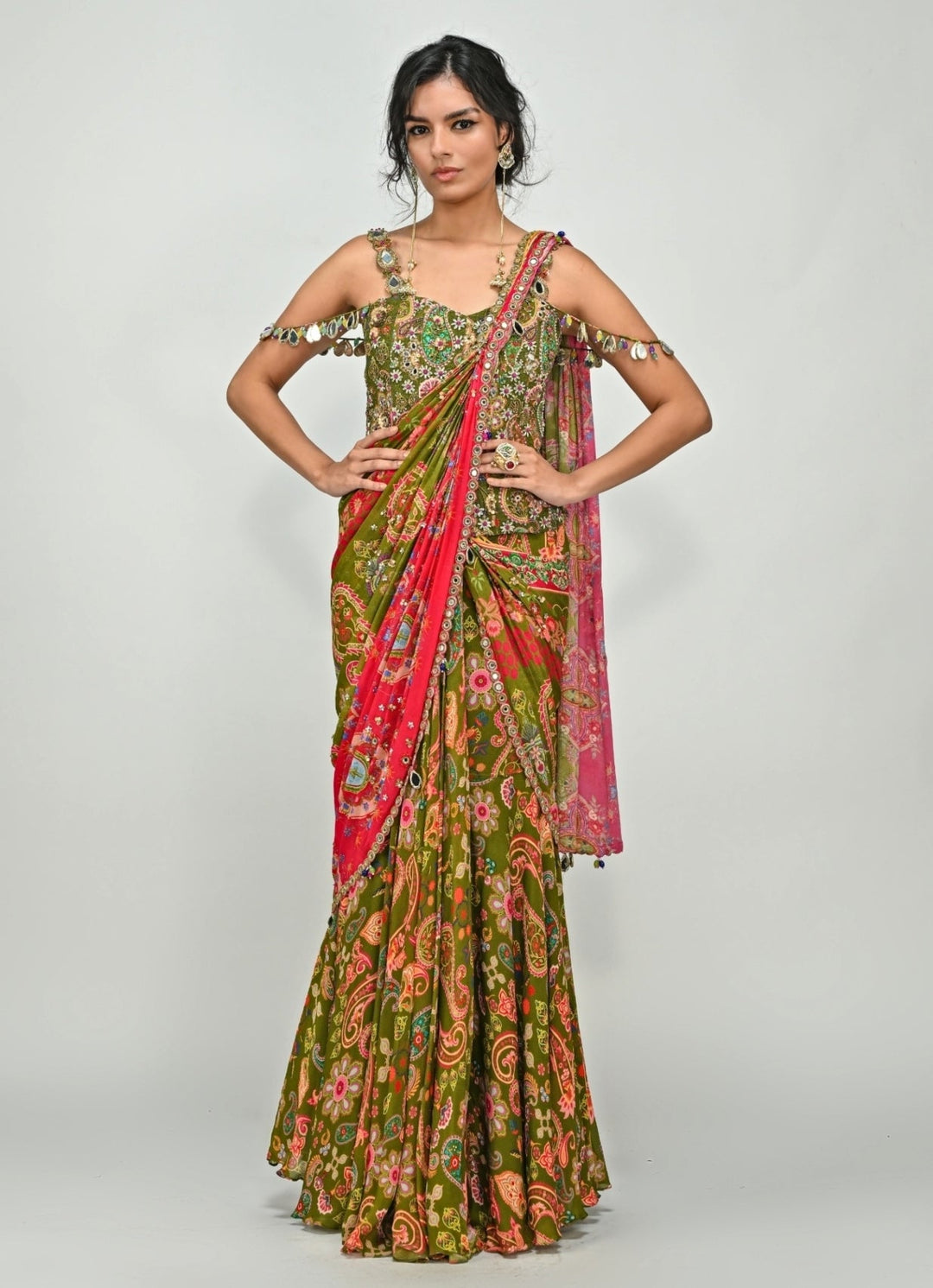 Olive And Pink Printed Chiffon Predraped Saree With Corset Juhi Bengani - Fabilicious Fashion