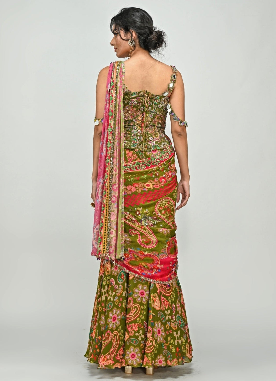 Olive And Pink Printed Chiffon Predraped Saree With Corset Juhi Bengani - Fabilicious Fashion