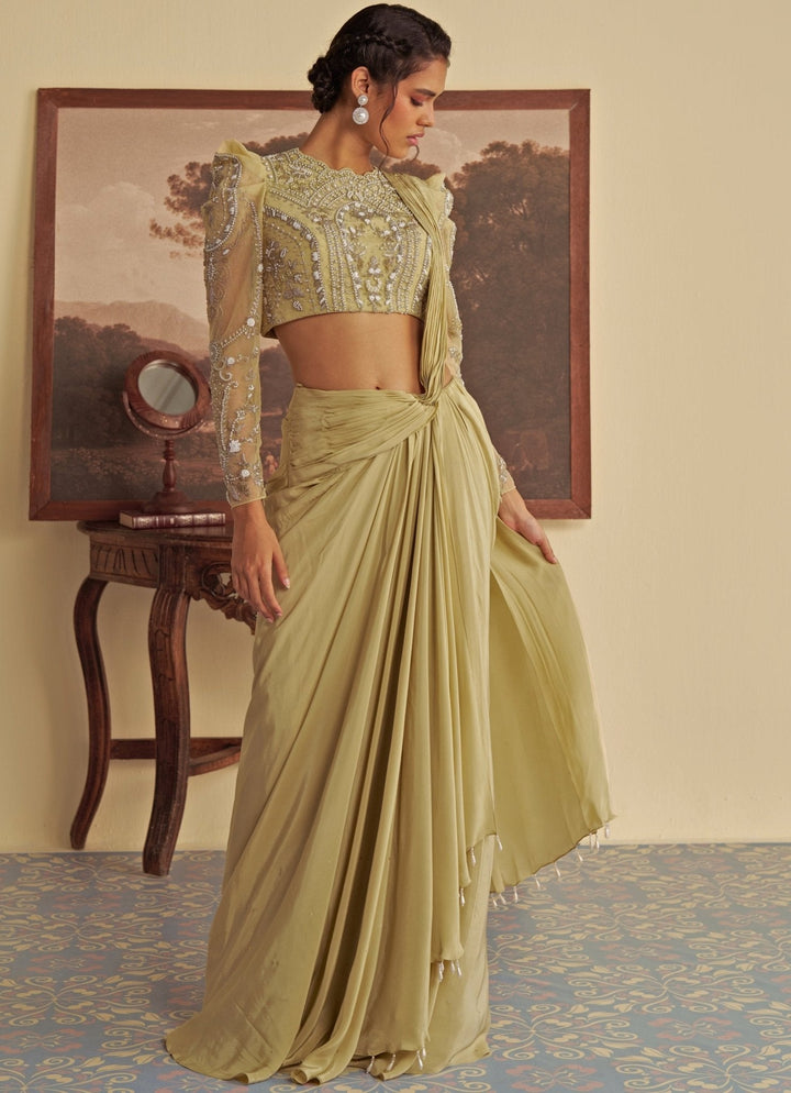 Olive Embroidered Predraped Crepe Saree Jade by Ashima - Fabilicious Fashion