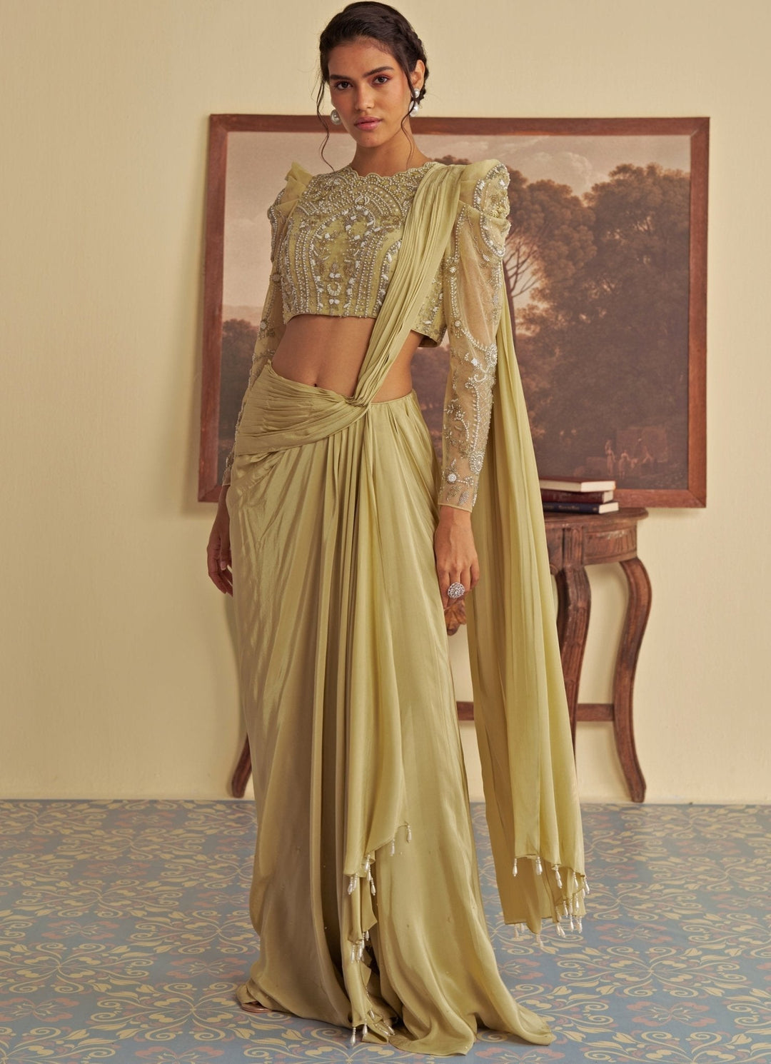 Olive Embroidered Predraped Crepe Saree Jade by Ashima - Fabilicious Fashion