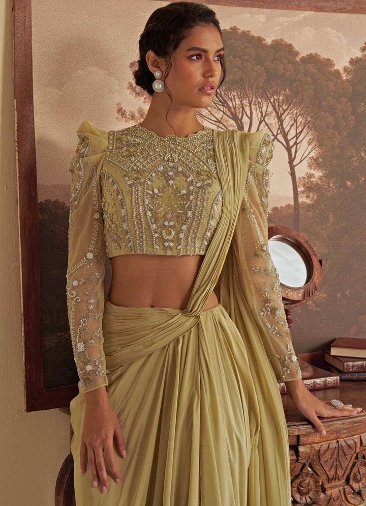 Olive Embroidered Predraped Crepe Saree Jade by Ashima - Fabilicious Fashion