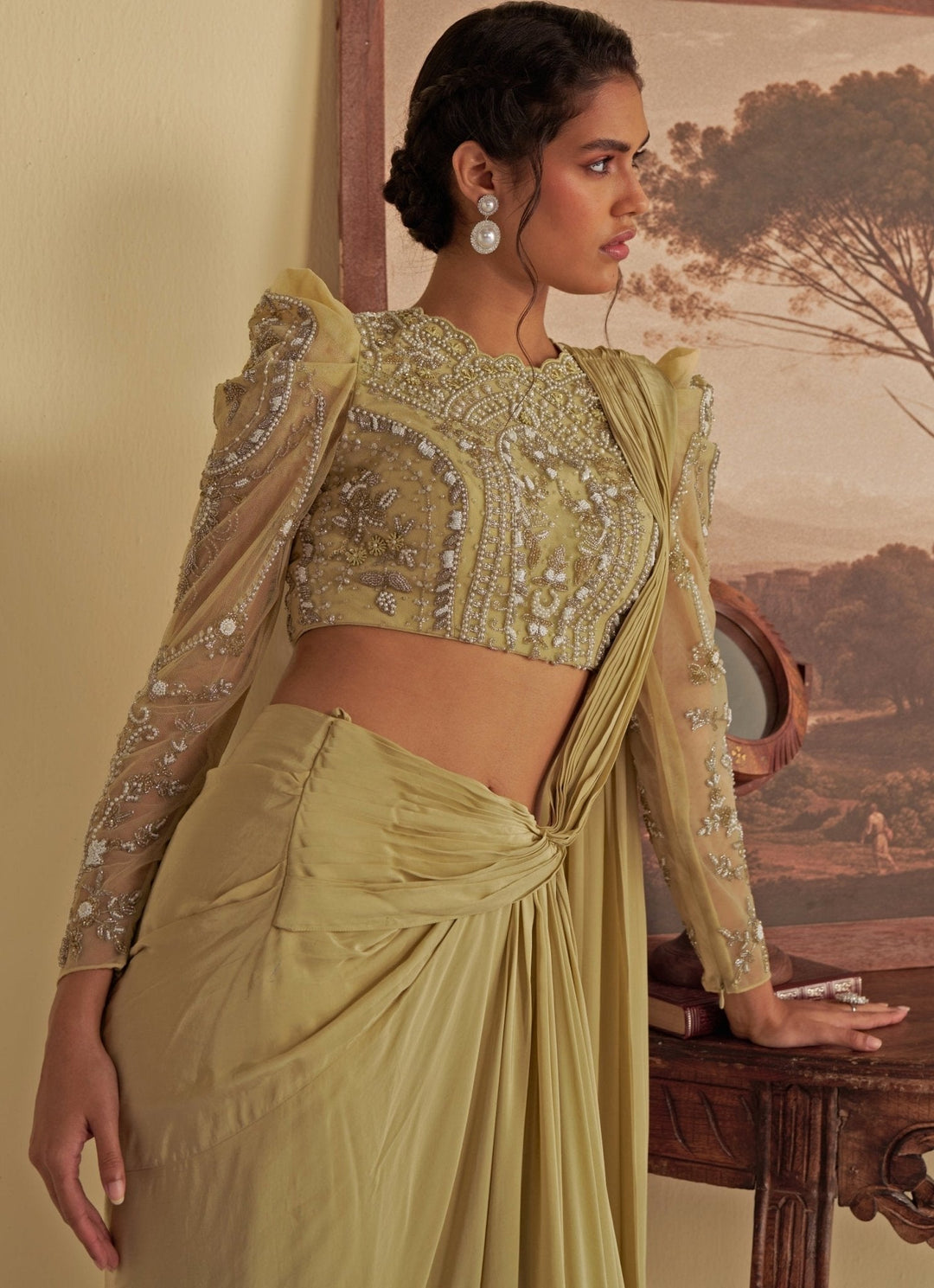 Olive Embroidered Predraped Crepe Saree Jade by Ashima - Fabilicious Fashion