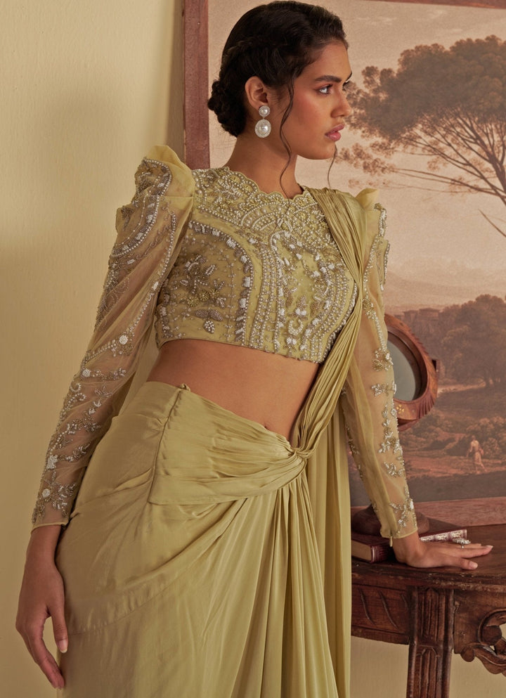 Olive Embroidered Predraped Crepe Saree Jade by Ashima - Fabilicious Fashion