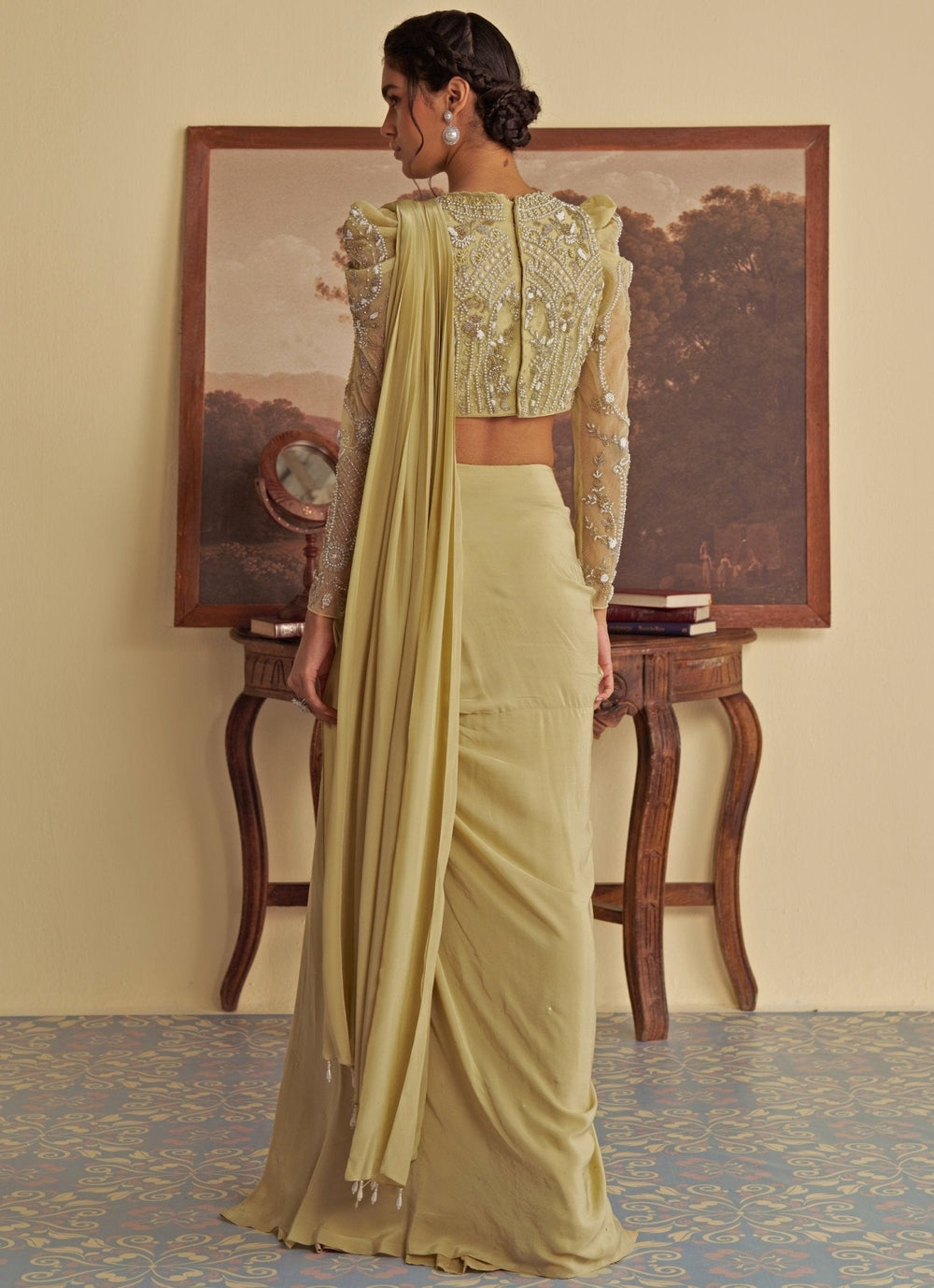 Olive Embroidered Predraped Crepe Saree Jade by Ashima - Fabilicious Fashion