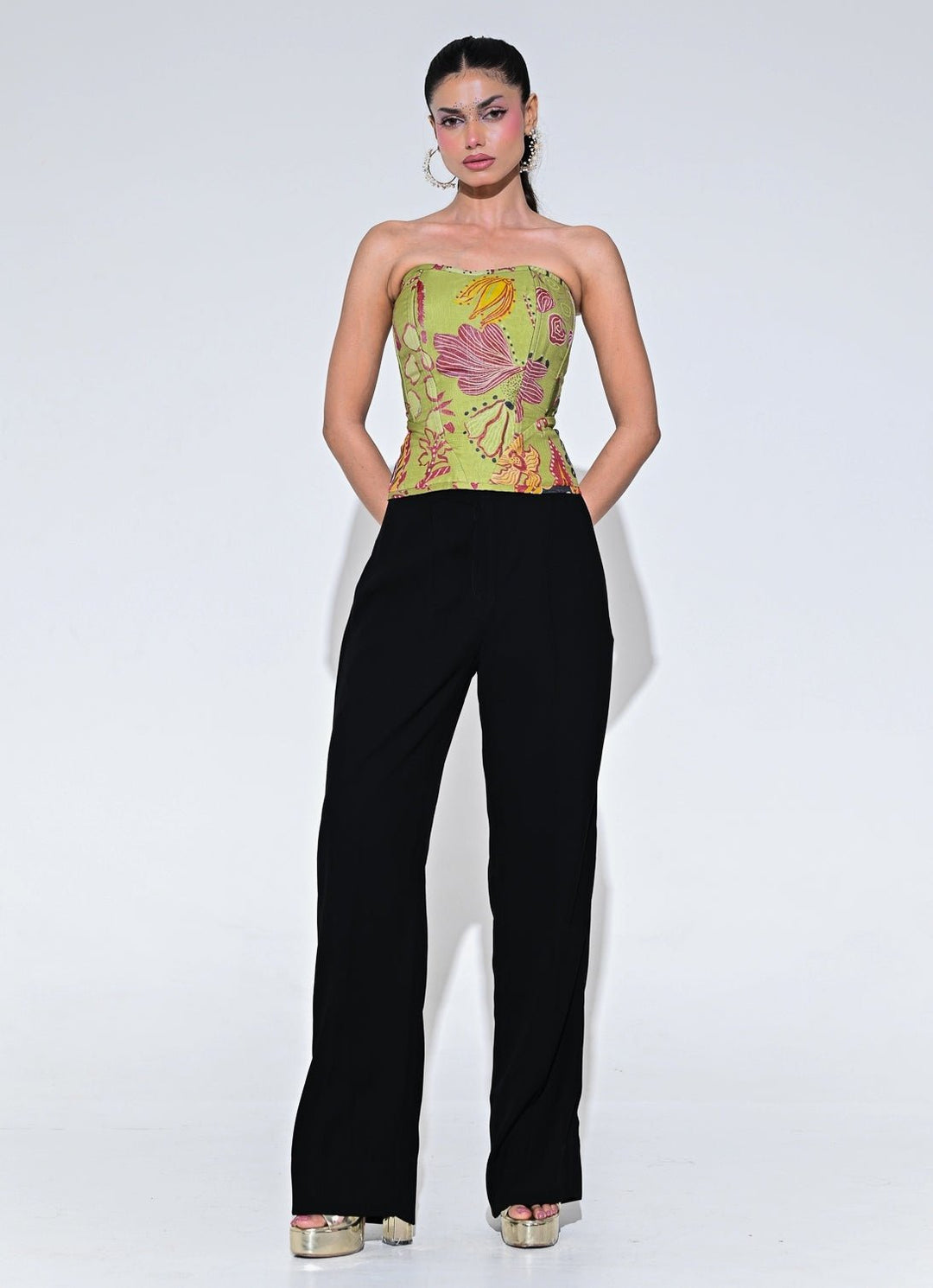 Juhi Bengani Olive Green And Black Organza Corset Pants SetFabilicious Fashion