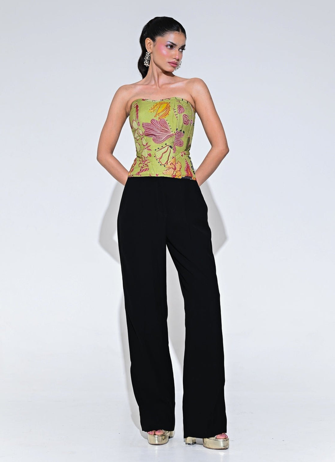 Juhi Bengani Olive Green And Black Organza Corset Pants SetFabilicious Fashion
