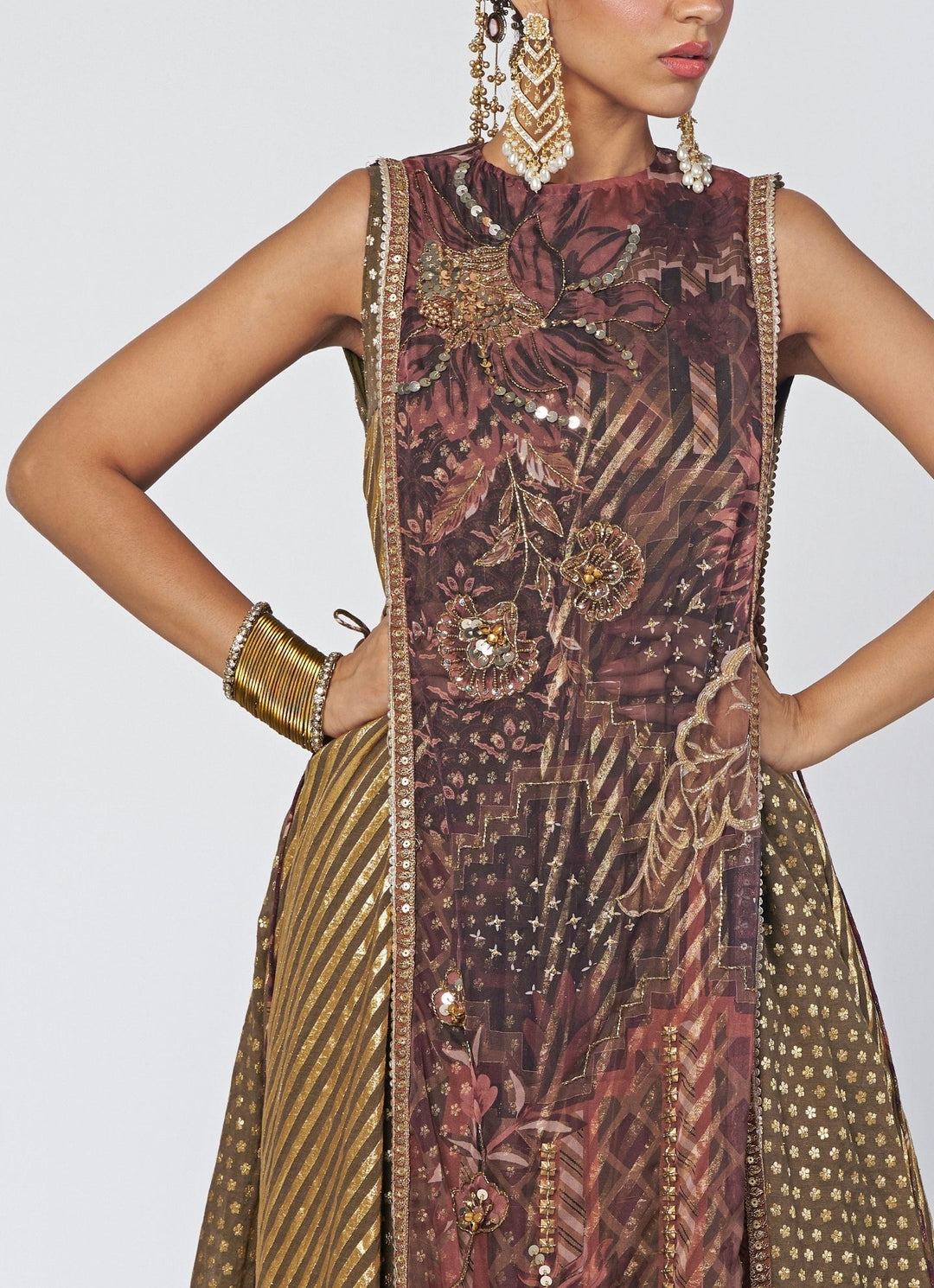 Rishi and Vibhuti Olive Green And Brown Organza Tunic Gown SetFabilicious Fashion