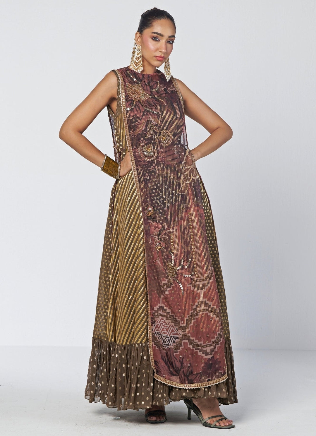 Rishi and Vibhuti Olive Green And Brown Organza Tunic Gown SetFabilicious Fashion