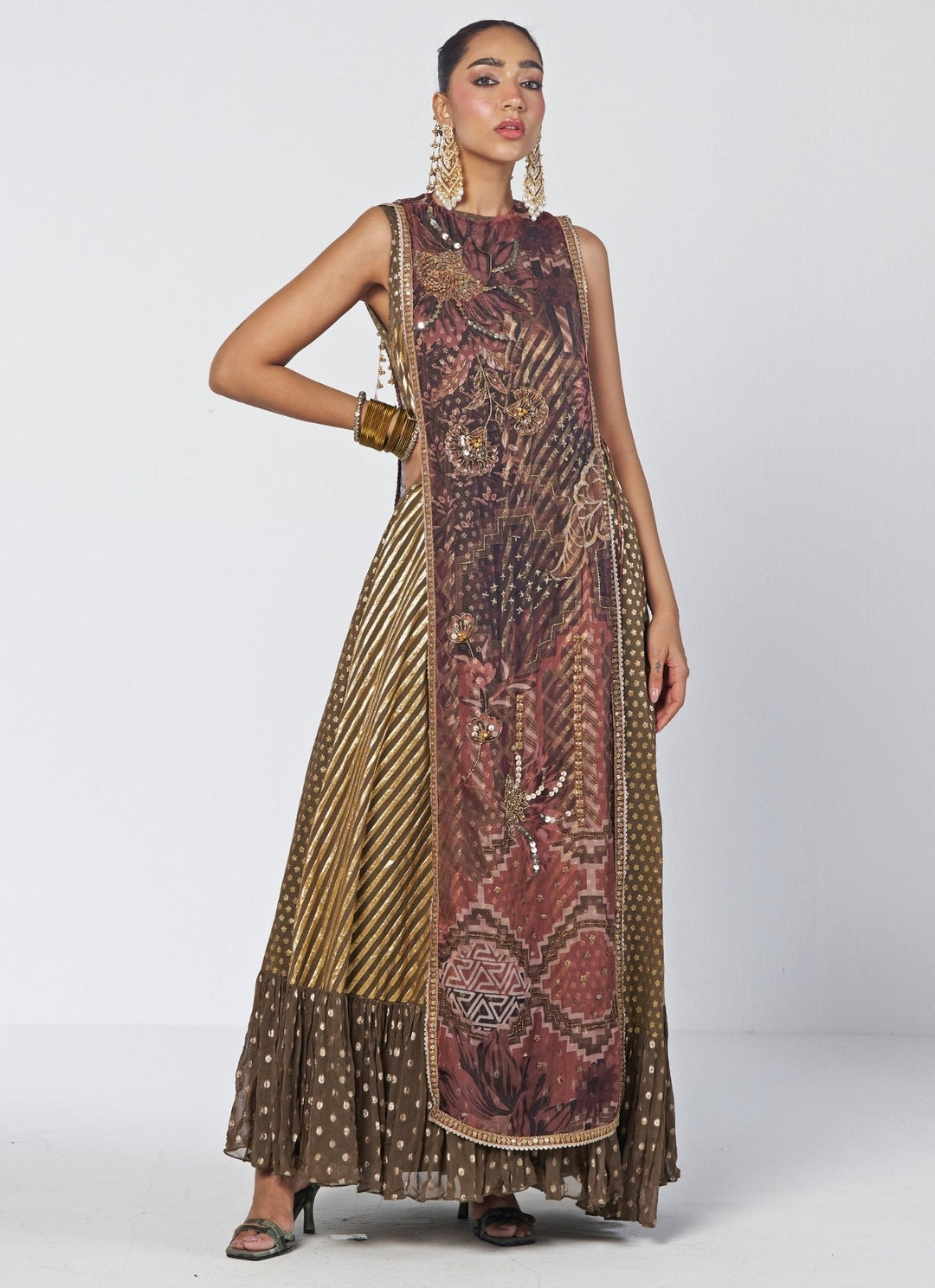 Rishi and Vibhuti Olive Green And Brown Organza Tunic Gown SetFabilicious Fashion