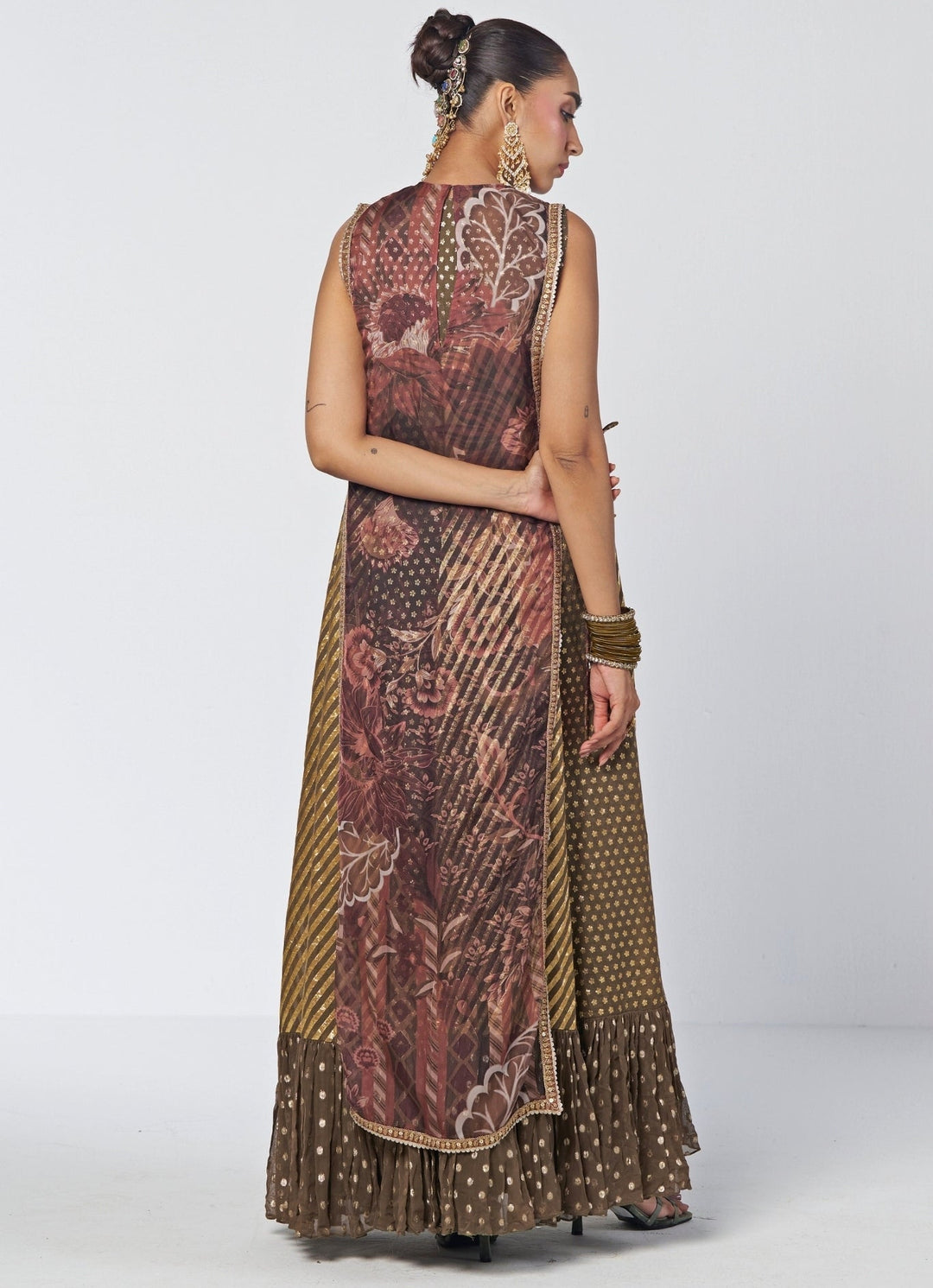 Rishi and Vibhuti Olive Green And Brown Organza Tunic Gown SetFabilicious Fashion