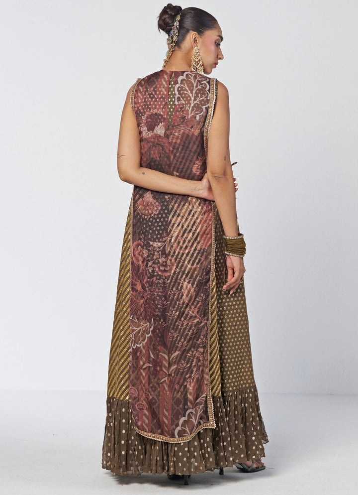Rishi and Vibhuti Olive Green And Brown Organza Tunic Gown SetFabilicious Fashion