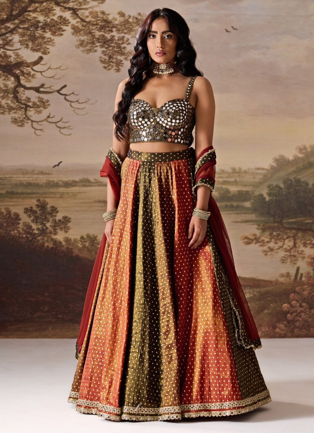 Olive Green And Multicolour Tissue Lehenga Set Deepika Chadha - Fabilicious Fashion