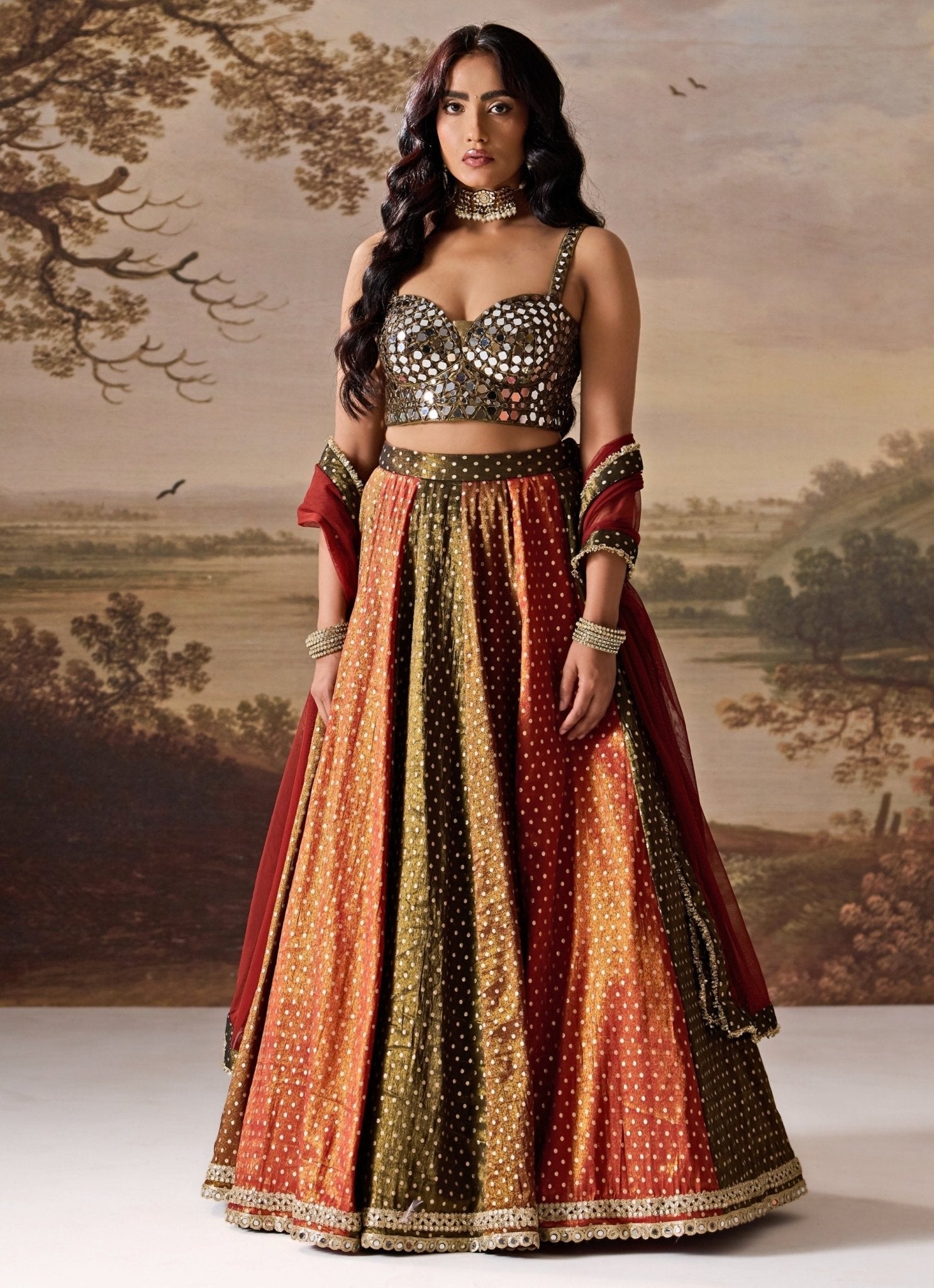 Olive green and multicolour cosmos lehenga set — best lehenga color for warm skin tone by Deepika Chadha