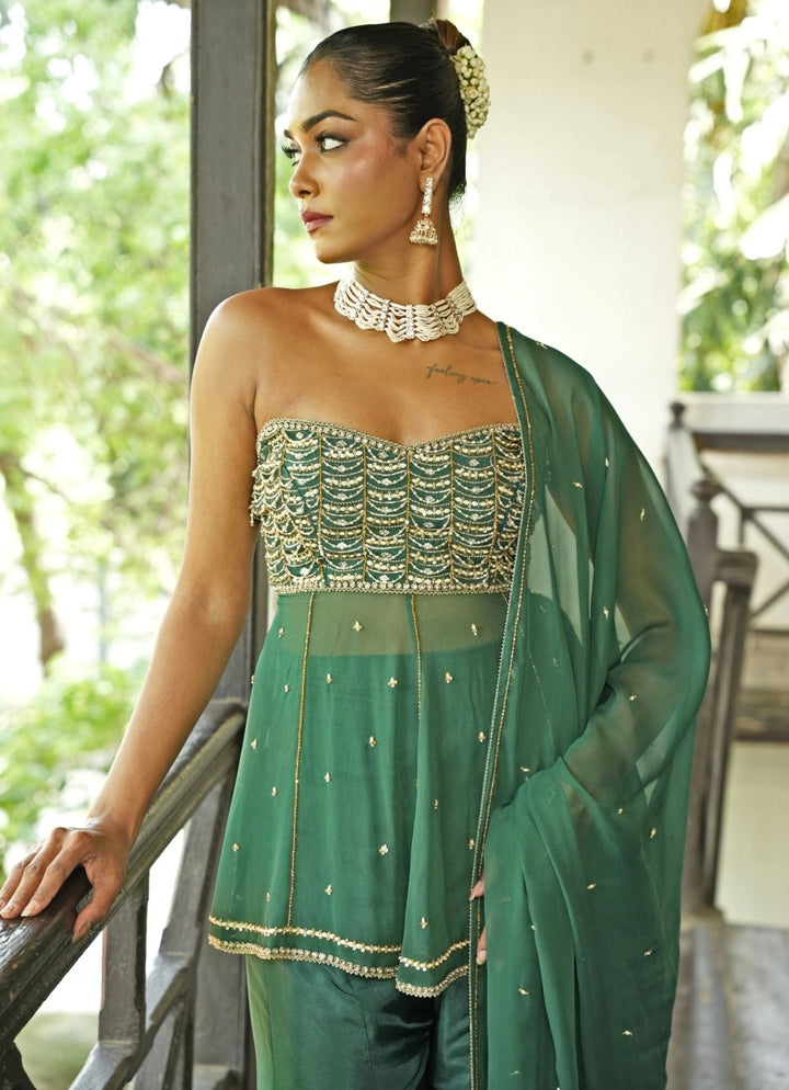 Olive Green And Wine Georgette Anarkali Set With Sharara Enamour by Radha - Fabilicious Fashion