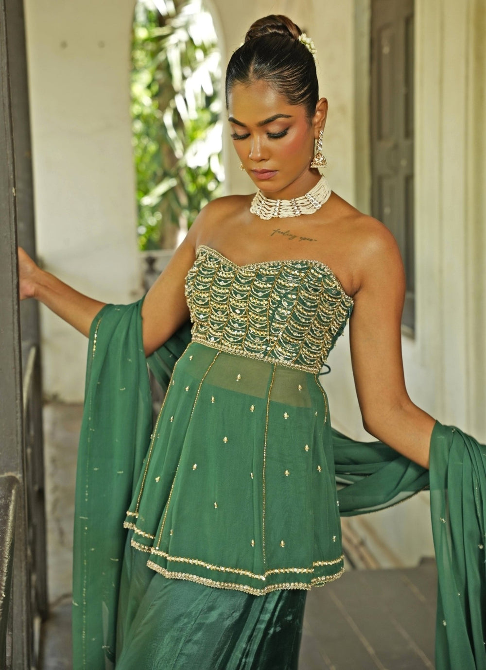 Olive Green And Wine Georgette Anarkali Set With Sharara Enamour by Radha - Fabilicious Fashion