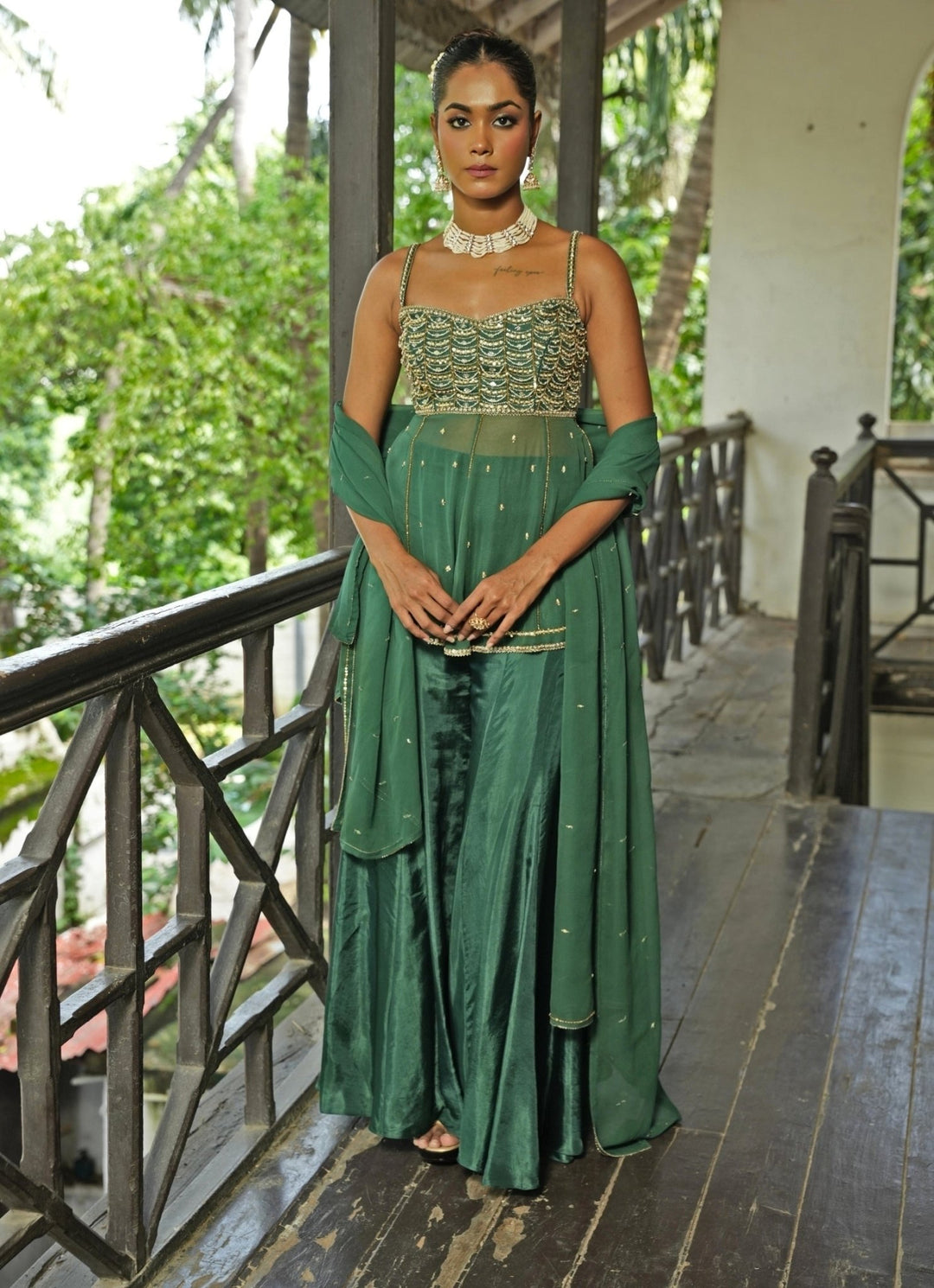 Olive Green And Wine Georgette Anarkali Set With Sharara Enamour by Radha - Fabilicious Fashion