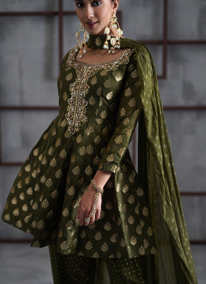 Olive Green Banarasi Peplum Kurta Salwar Set Deepika Chadha - Fabilicious Fashion