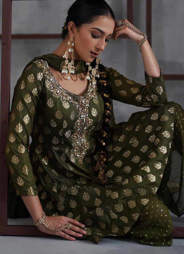 Olive Green Banarasi Peplum Kurta Salwar Set Deepika Chadha - Fabilicious Fashion