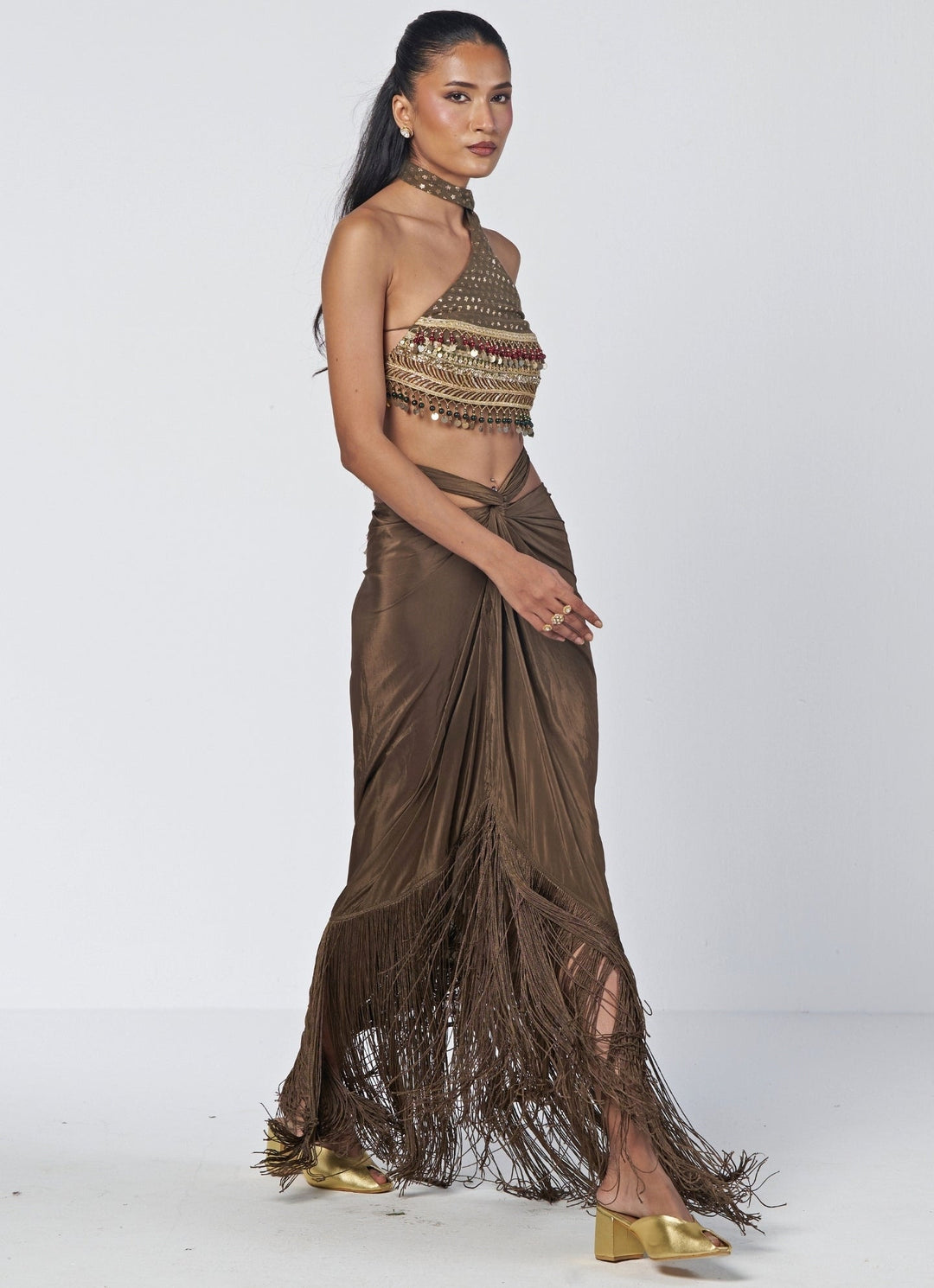 Rishi and Vibhuti Olive Green Crepe Drape Skirt SetFabilicious Fashion