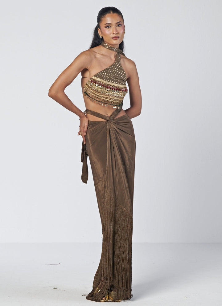 Rishi and Vibhuti Olive Green Crepe Drape Skirt SetFabilicious Fashion
