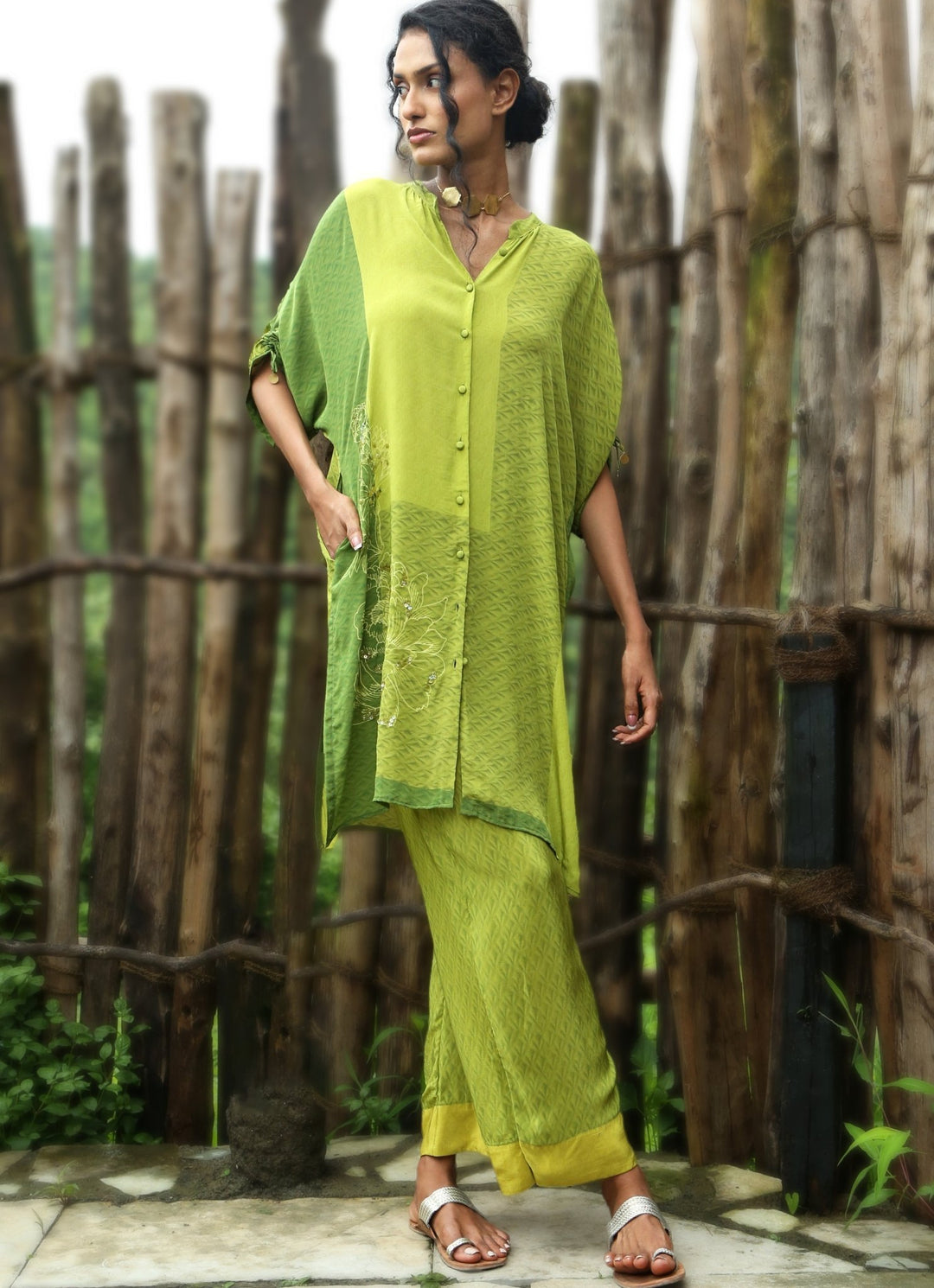 Olive Green Crepe Kurta Pant Set Basil Leaf - Fabilicious Fashion