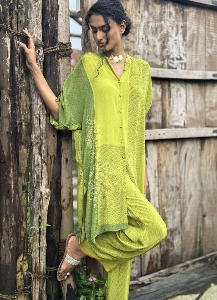 Olive Green Crepe Kurta Pant Set Basil Leaf - Fabilicious Fashion