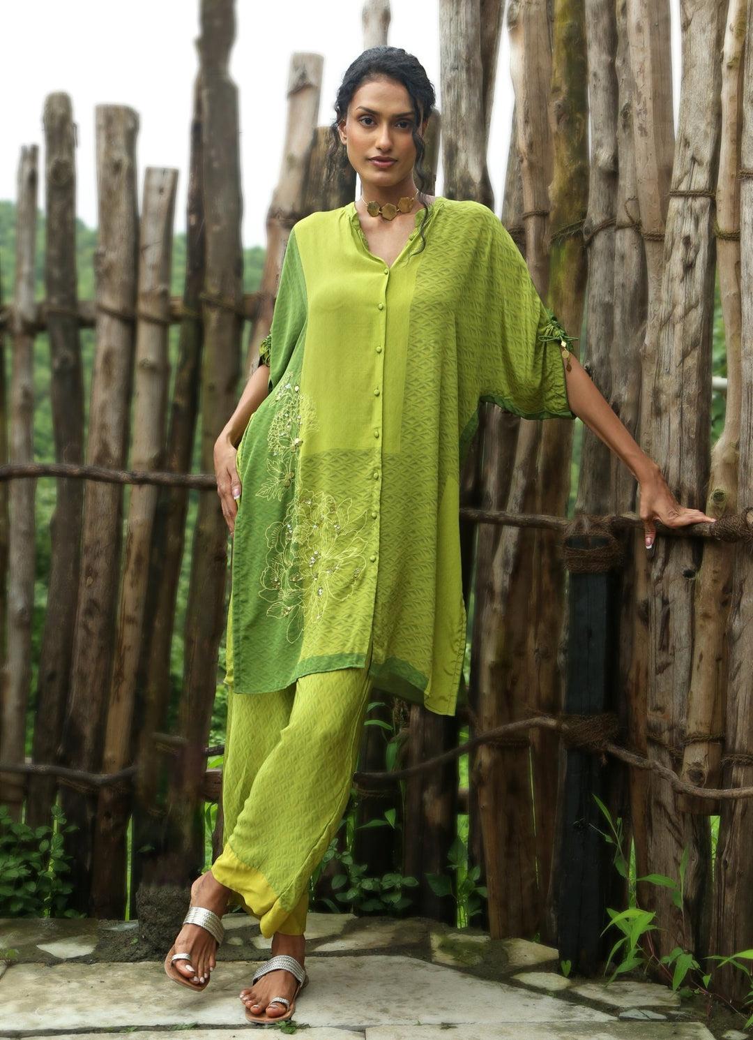 Olive Green Crepe Kurta Pant Set Basil Leaf - Fabilicious Fashion