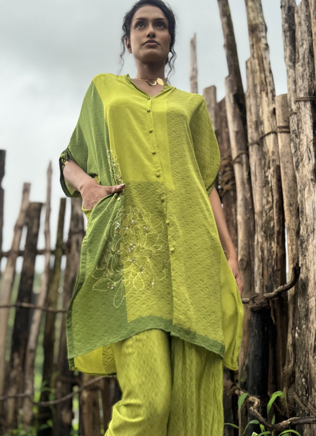 Olive Green Crepe Kurta Pant Set Basil Leaf - Fabilicious Fashion