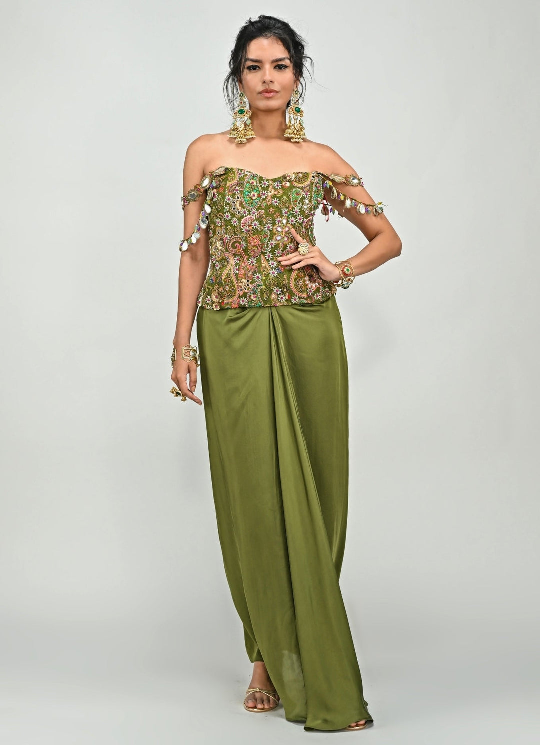 Olive Green Drape Skirt With Printed Embroidered Corset Juhi Bengani - Fabilicious Fashion