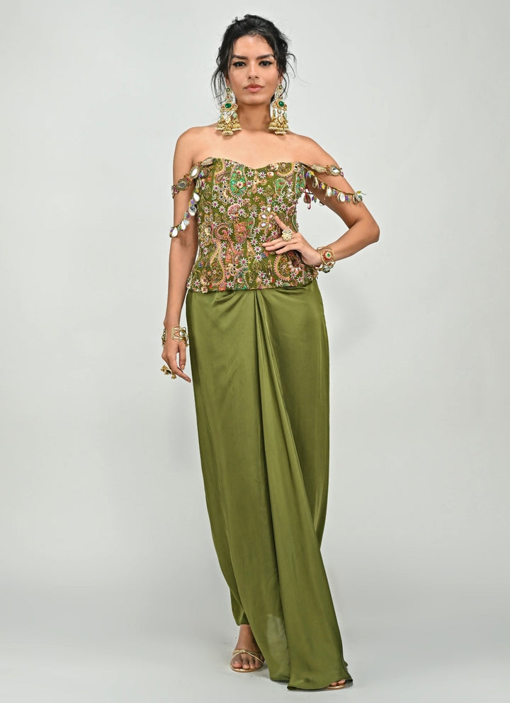 Olive Green Drape Skirt With Printed Embroidered Corset Juhi Bengani - Fabilicious Fashion