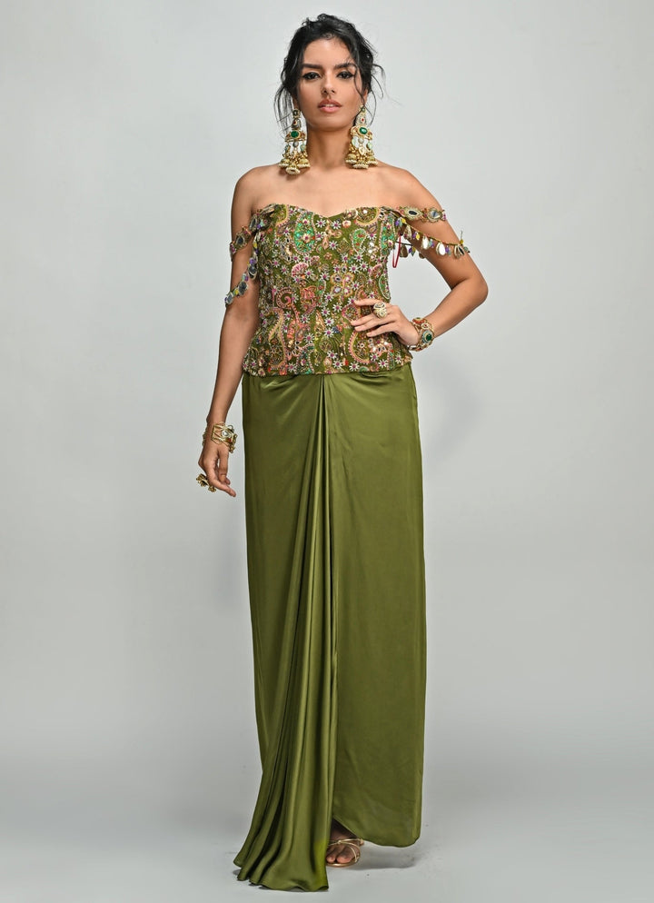 Olive Green Drape Skirt With Printed Embroidered Corset Juhi Bengani - Fabilicious Fashion