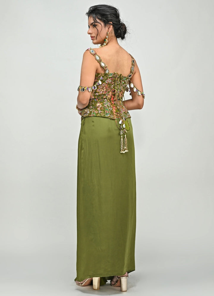 Olive Green Drape Skirt With Printed Embroidered Corset Juhi Bengani - Fabilicious Fashion