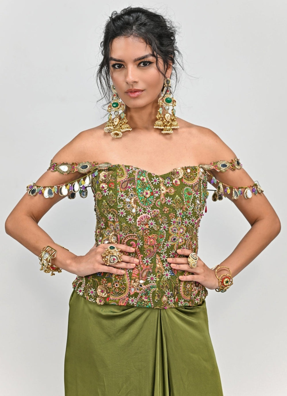 Olive Green Drape Skirt With Printed Embroidered Corset Juhi Bengani - Fabilicious Fashion
