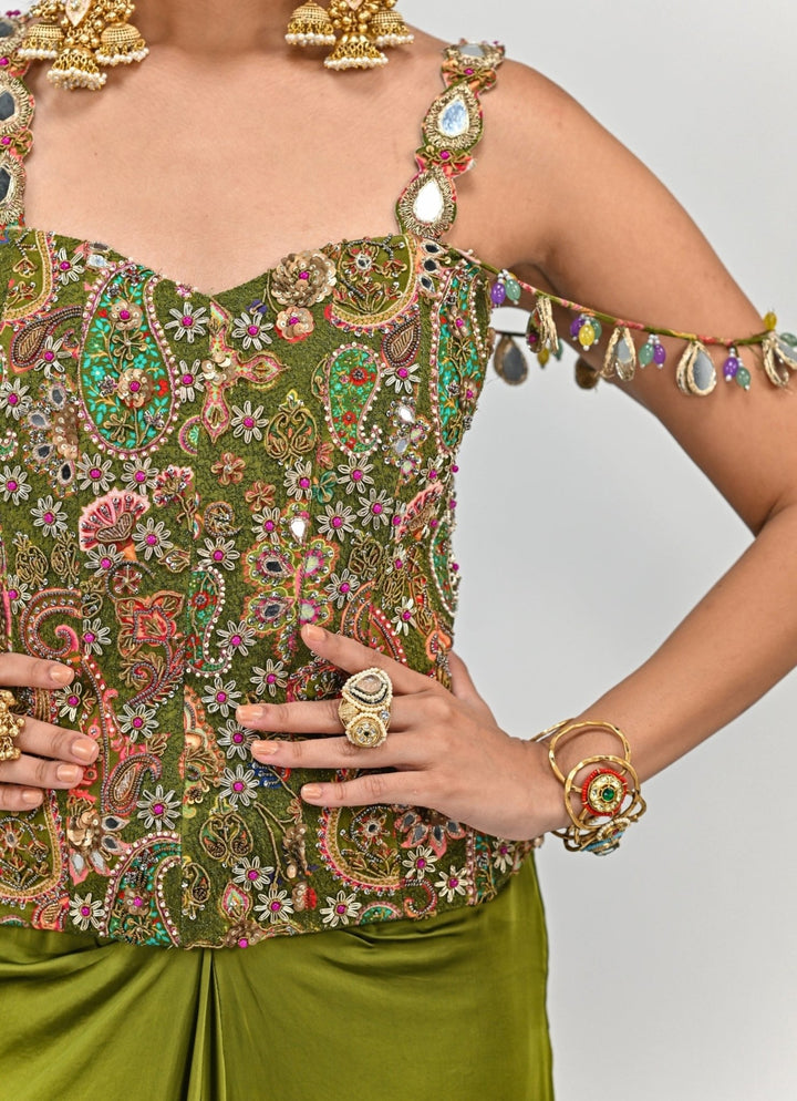 Olive Green Drape Skirt With Printed Embroidered Corset Juhi Bengani - Fabilicious Fashion