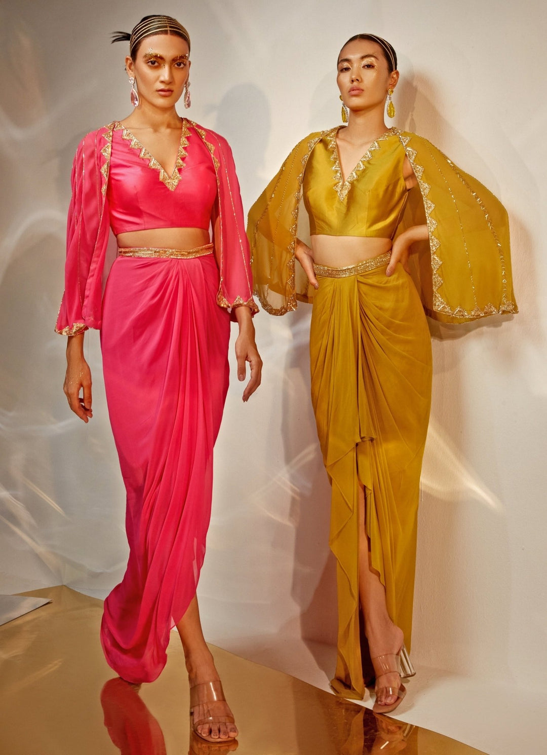 Olive Green Embroidered Georgette Draped Skirt with Cape Akara - Fabilicious Fashion