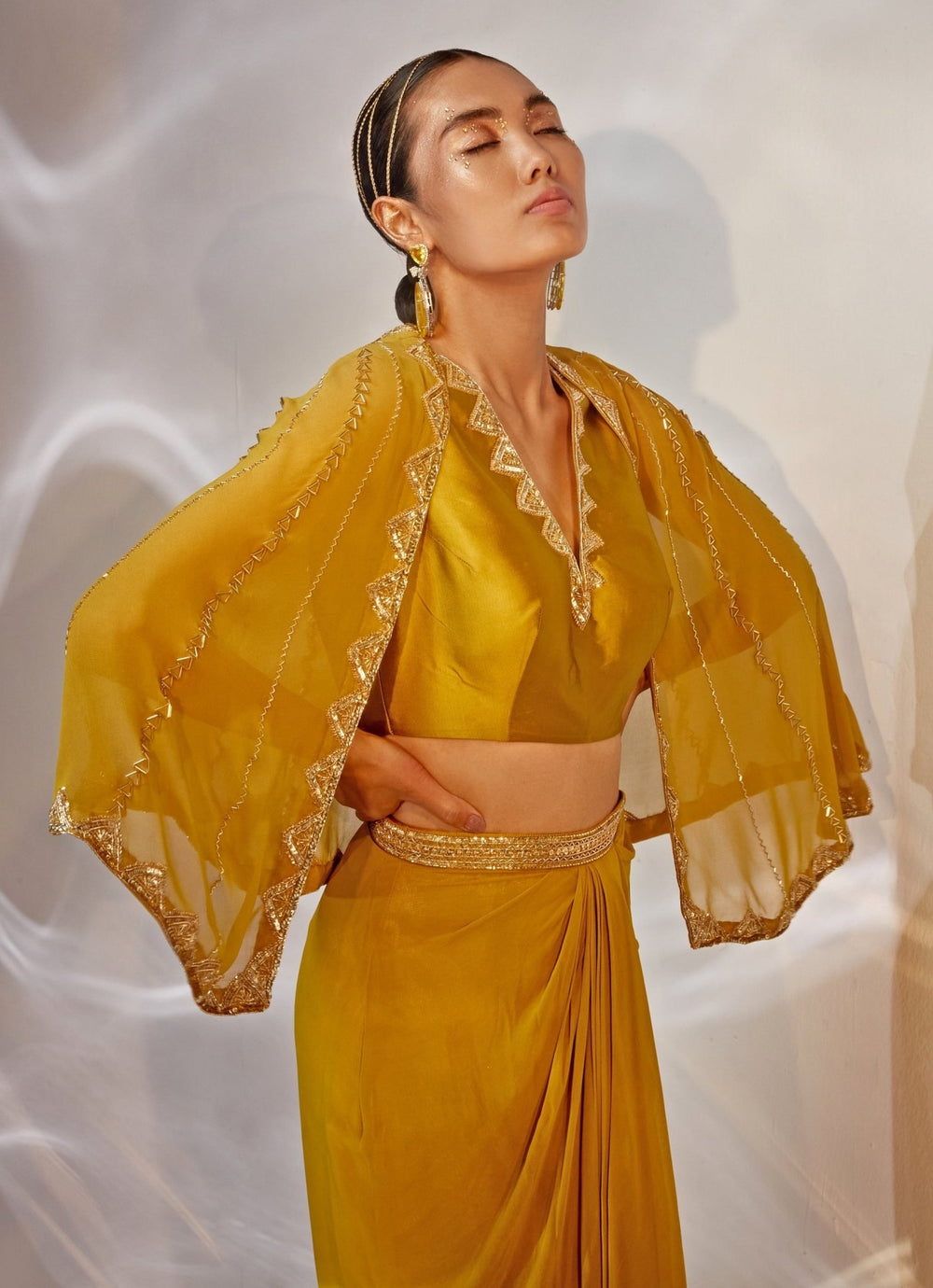 Olive Green Embroidered Georgette Draped Skirt with Cape Akara - Fabilicious Fashion