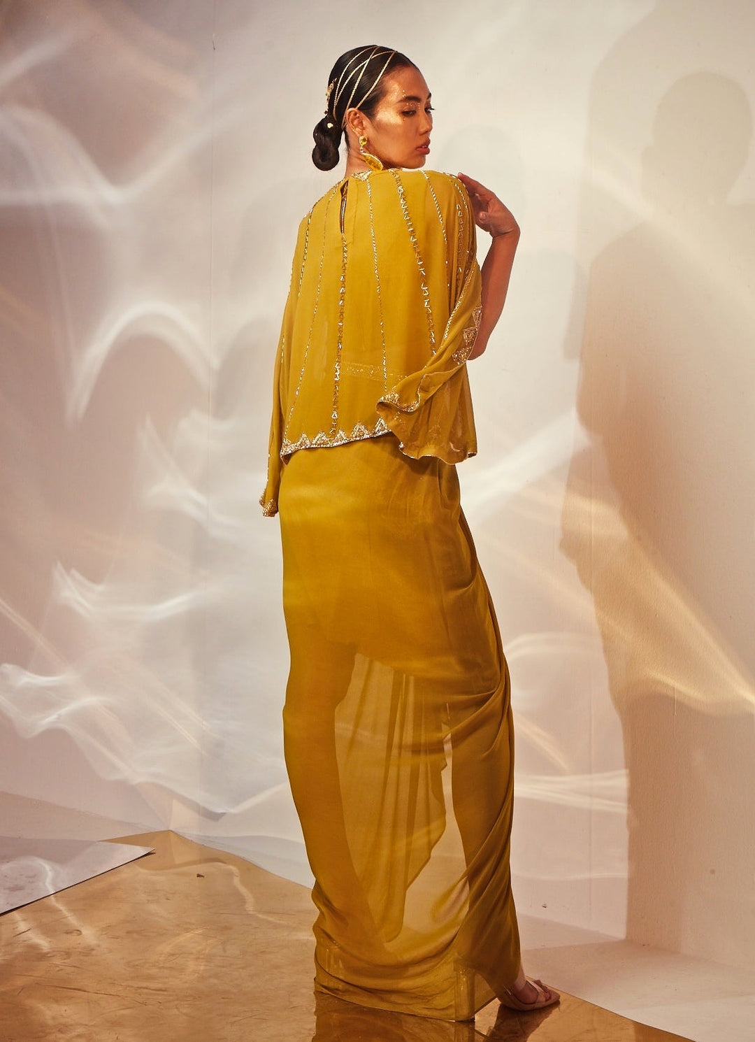 Olive Green Embroidered Georgette Draped Skirt with Cape Akara - Fabilicious Fashion
