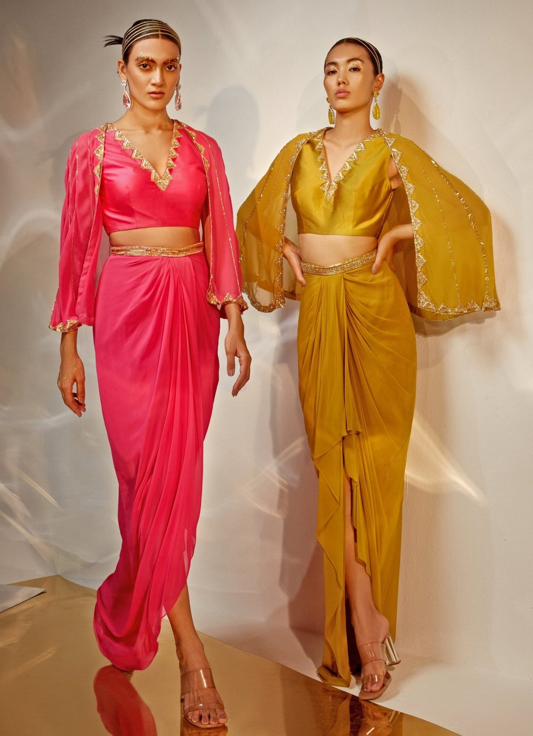 Olive Green Embroidered Georgette Draped Skirt with Cape Akara - Fabilicious Fashion