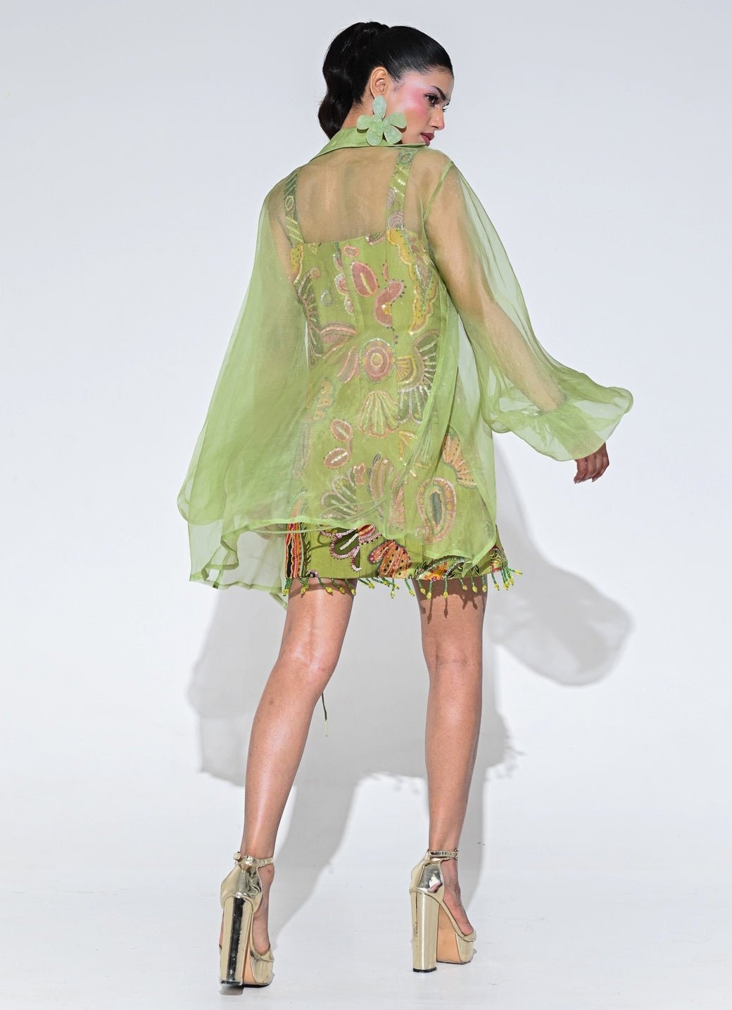 Olive Green Embroidered Organza Dress With Shrug Juhi Bengani - Fabilicious Fashion