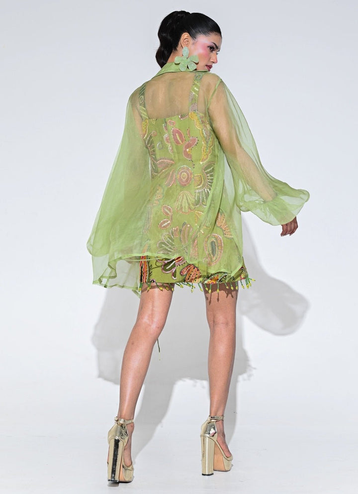 Olive Green Embroidered Organza Dress With Shrug Juhi Bengani - Fabilicious Fashion